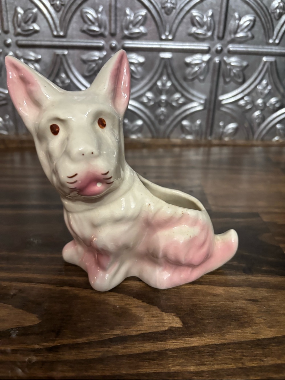 Vintage White & Pink Scotty Ceramic Dog Planter. 1950